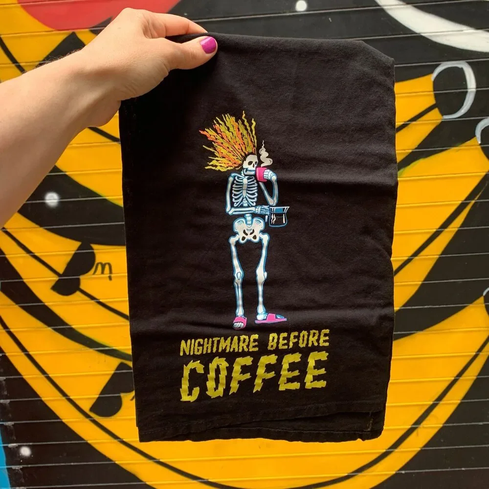 Nightmare Before Coffee Skeleton Kitchen Towel | Black Cotton Halloween Themed